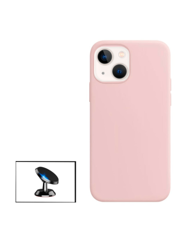 Kit Suporte Magnético de Carro + Capa Silicone Líquido para Apple iPhone 14 - Rosa