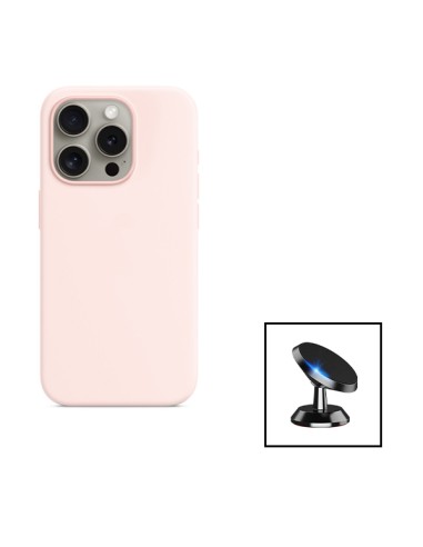Kit Suporte Magnético de Carro + Capa Silicone Líquido para Apple iPhone 15 - Rosa