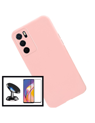 Kit Suporte Magnético de Carro + Capa Silicone Líquido para Oppo A16 - Rosa