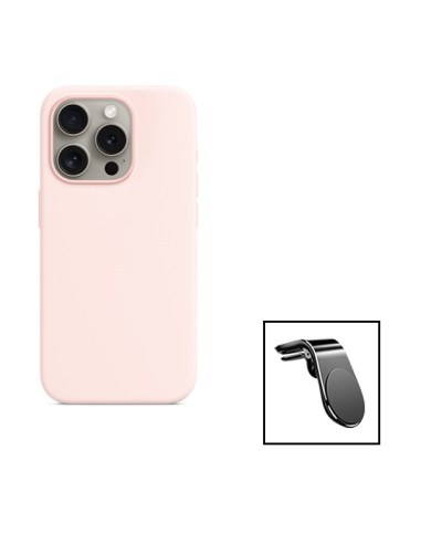 Kit Suporte Magnético L Safe Driving Carro + Capa Silicone Líquido para Apple iPhone 15 - Rosa