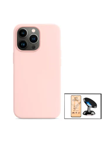 Kit Película CeramicGlass + Capa Silicone Líquido + Suporte Magnético para iPhone 13 - Rosa