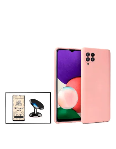 Kit Película CeramicGlass + Capa Silicone Líquido + Suporte Magnético para Samsung Galaxy F22 - Rosa