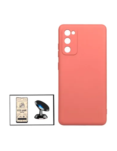 Kit Película CeramicGlass + Capa Silicone Líquido + Suporte Magnético para Samsung Galaxy M02s - Rosa