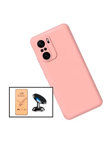 Kit Película CeramicGlass + Capa Silicone Líquido + Suporte Magnético para Xiaomi Redmi Note 10s - Rosa