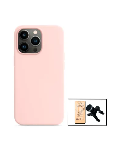 Kit Película CeramicGlass + Capa Silicone Líquido + Suporte Magnético Reforçado para iPhone 13 - Rosa