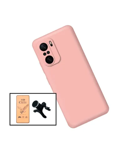 Kit Película CeramicGlass + Capa Silicone Líquido + Suporte Magnético Reforçado para Xiaomi Redmi Note 10 Pro - Rosa