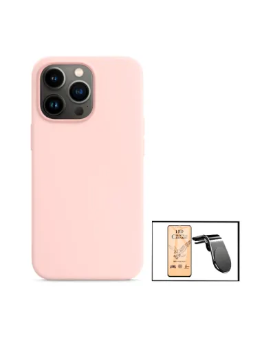 Kit Película CeramicGlass + Capa Silicone Líquido + Suporte Magnético L para iPhone 13 - Rosa