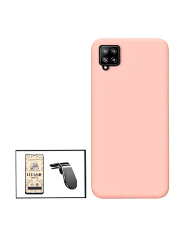 Kit Película CeramicGlass + Capa Silicone Líquido + Suporte Magnético L para Samsung Galaxy A12 - Rosa