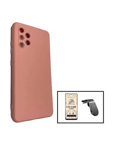 Kit Película CeramicGlass + Capa Silicone Líquido + Suporte Magnético L para Samsung Galaxy A32 4G - Rosa