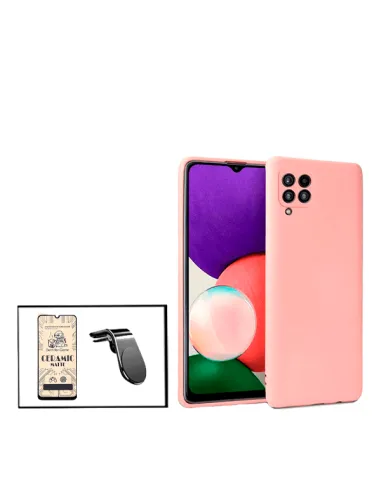 Kit Película CeramicGlass + Capa Silicone Líquido + Suporte Magnético L para Samsung Galaxy F22 - Rosa