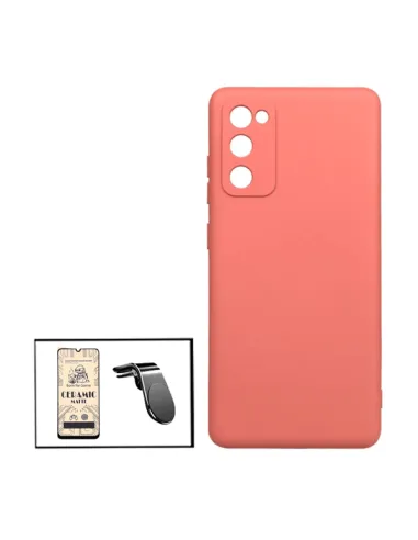 Kit Película CeramicGlass + Capa Silicone Líquido + Suporte Magnético L para Samsung Galaxy M02s - Rosa