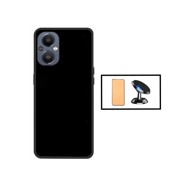 Kit Película CeramicGlass + Capa Silicone Líquido + Suporte Magnético de Carro para Oppo Reno7 Lite - Preto