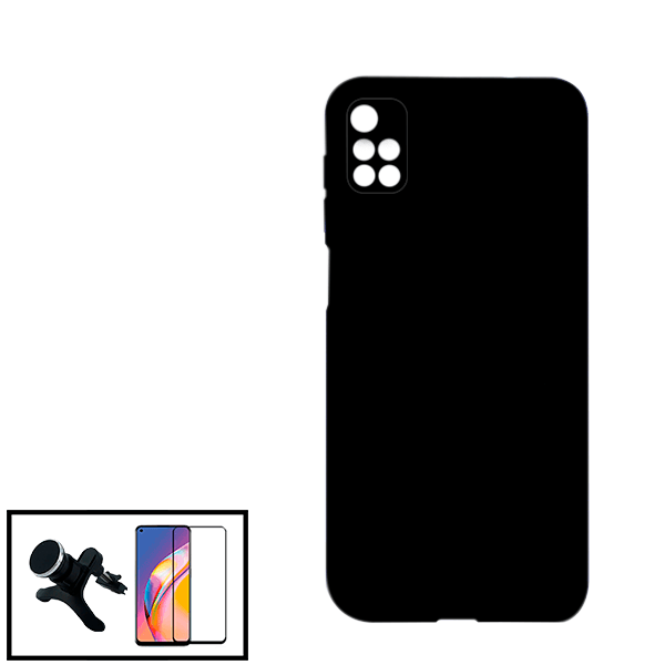 Kit Vidro Premium Full Cover + Capa Silicone Líquido + Suporte Magnético de Carro Reforçado para Xiaomi Redmi 10 Prime - Preto