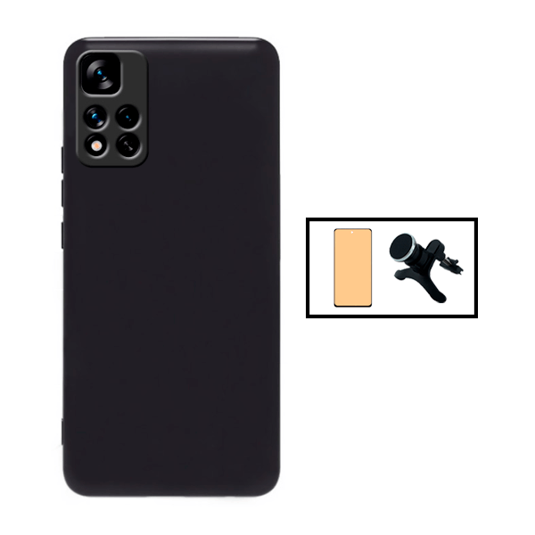 Kit Película CeramicGlass + Capa Silicone Líquido + Suporte Magnético de Carro Reforçado para Xiaomi Redmi 10 Prime 2022 - Preto