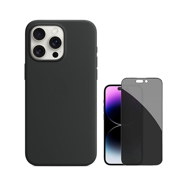 Kit Película de Vidro 5d Anti-Spy + Capa Silicone Líquido para Apple iPhone 16 Pro - Preto