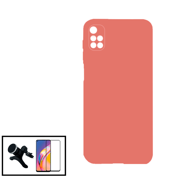 Kit Vidro Premium Full Cover + Capa Silicone Líquido + Suporte Magnético de Carro Reforçado para Xiaomi Redmi 10 Prime - Rosa