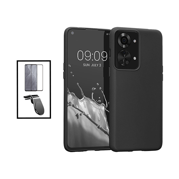 Kit Vidro Premium Full Cover + Capa Silicone Líquido + Suporte Magnético L Safe Driving Carro para OnePlus Nord 2T - Preto
