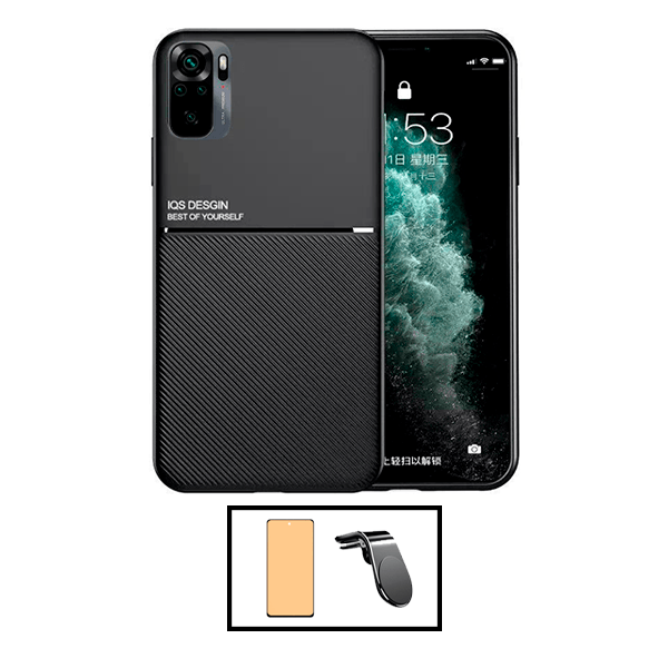 Kit Capa Magnetic Lux + Película CeramicGlass + Suporte Magnético L Safe Driving para Xiaomi Redmi 10 Prime 2022 - Preto