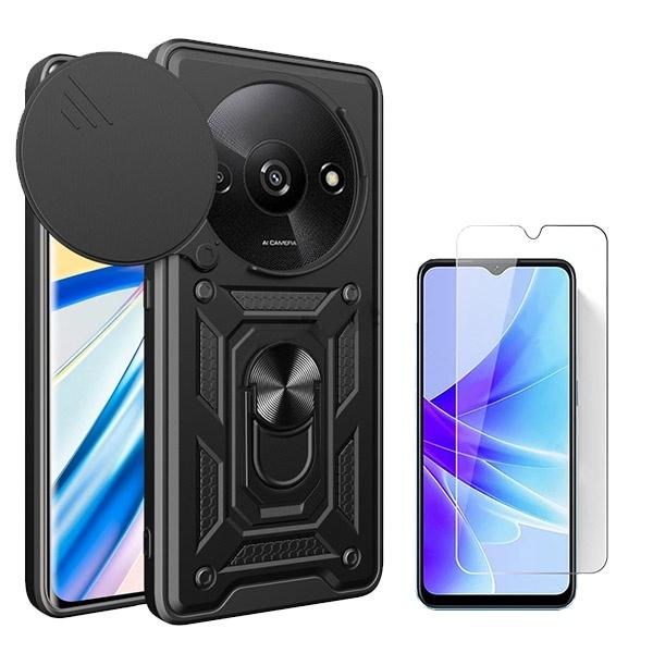 Kit Vidro Clearglass + Capa Magnetic Military Defender Slide Window Anti-Impacto para Xiaomi Redmi A3 - Preto