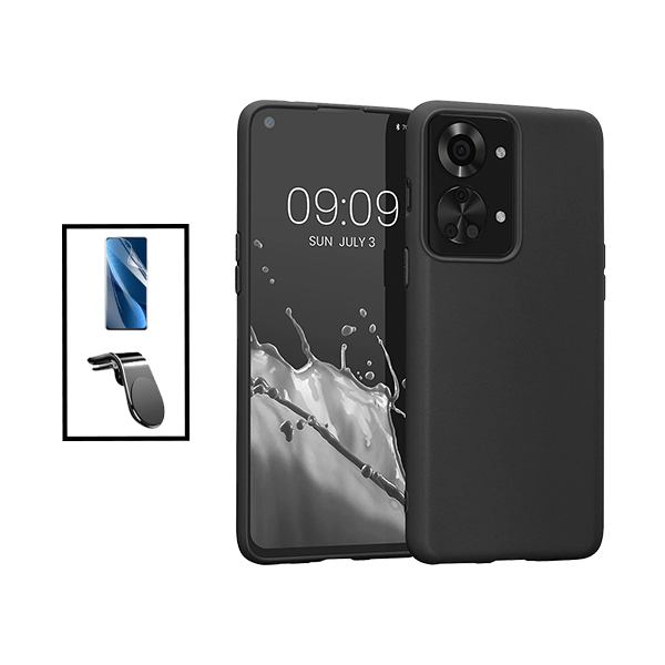 Kit Película Hydrogel Full Cover Frente + Capa Silicone Líquido + Suporte Magnético L Safe Driving Carro para OnePlus Nord 2T - Preto