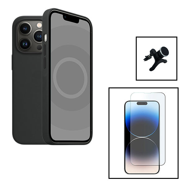 Kit Vidro Clearglass + Capa Silicone Líquido + Suporte Magnético de Carro Reforçado para Apple iPhone 15 Plus - Preto