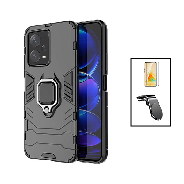 Kit Vidro Premium Full Cover + Capa 3X1 Military Defender + Suporte Magnético L Safe Driving Carro para Xiaomi Redmi Note 12 Pro+ - Preto
