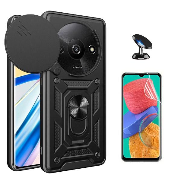 Kit Película Hydrogel Full Cover Frente + Capa Magnetic Military Defender Slide Window Anti-Impacto + Suporte Magnético de Carro para Xiaomi Redmi A3 - Preto