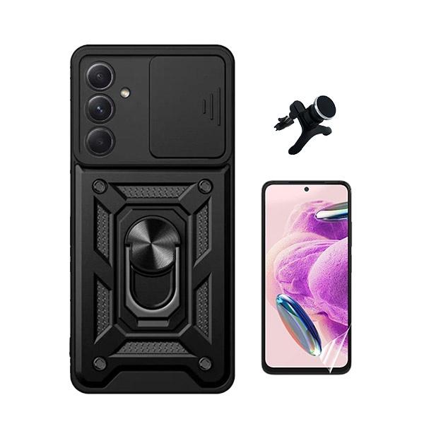 Kit Película Hydrogel Full Cover Frente + Capa Magnetic Military Defender Slide Window Anti-Impacto + Suporte Magnético de Carro Reforçado para Samsung Galaxy A55 5G - Preto