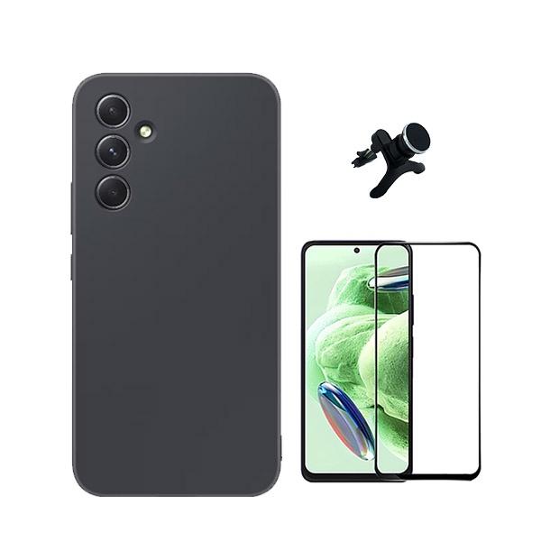 Kit Vidro Premium Full Cover + Capa Silicone Líquido + Suporte Magnético de Carro Reforçado para Samsung Galaxy A35 5G - Preto