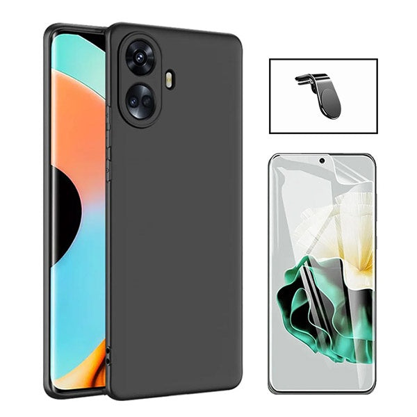 Kit Película Hydrogel Full Cover Frente + Capa Silicone Líquido + Suporte Magnético L Safe Driving Carro para Realme 10 Pro + Plus - Preto