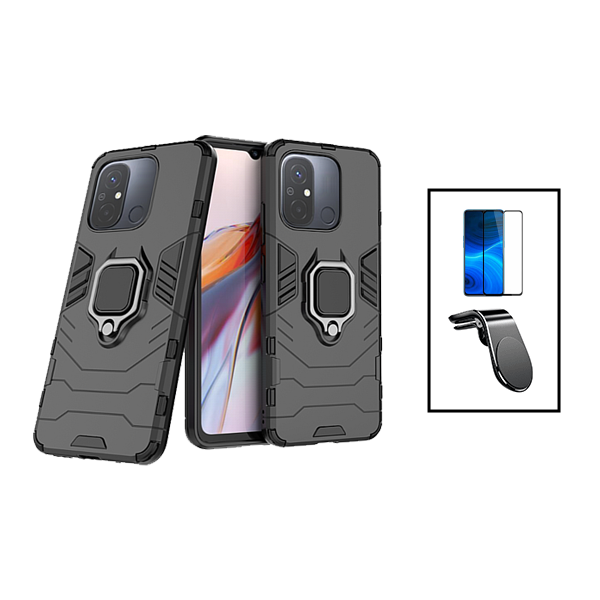 Kit Vidro Premium Full Cover + Capa 3X1 Military Defender + Suporte Magnético L Safe Driving Carro para Xiaomi Redmi 12C - Preto