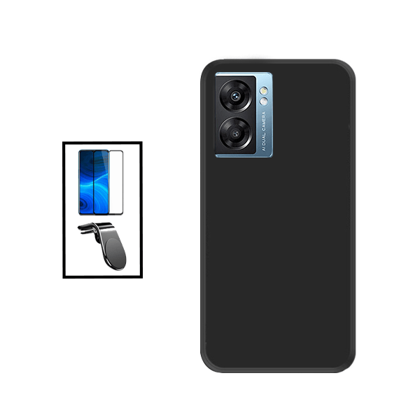 Kit Vidro Premium Full Cover + Capa Silicone Líquido + Suporte Magnético L Safe Driving Carro para Oppo A77 - Preto