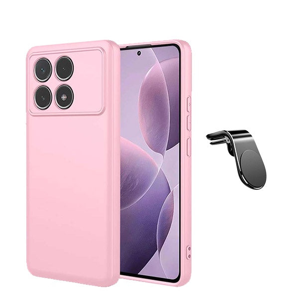 Kit Suporte Magnético L Safe Driving Carro + Capa Silicone Líquido para Xiaomi Poco F6 Pro - Rosa