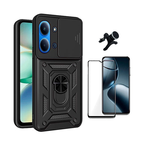 Kit Vidro + Capa Magnetic Slide Window + Suporte Reforçado PHONECARE Para Xiaomi Poco C85 - Preto