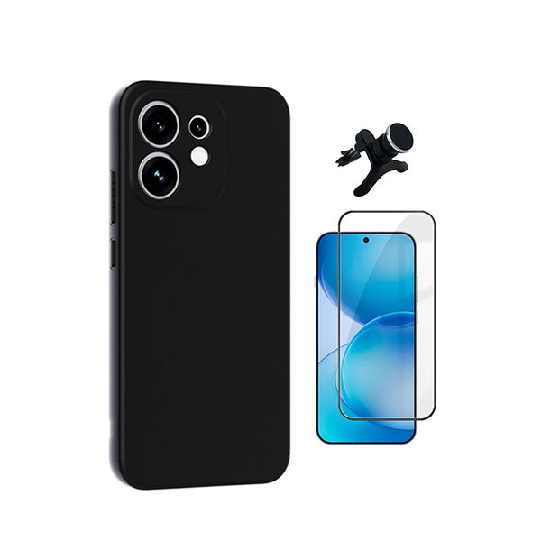 Kit Vidro Temperado + Capa Silicone Líquido + Suporte Magnético Reforçado PHONECARE Para Oppo Reno16 - Preto