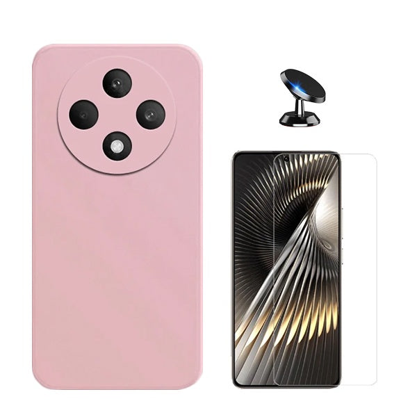Kit Vidro Clearglass + Capa Silicone Líquido + Suporte Magnético de Carro para Oppo Reno12 F 5G - Rosa