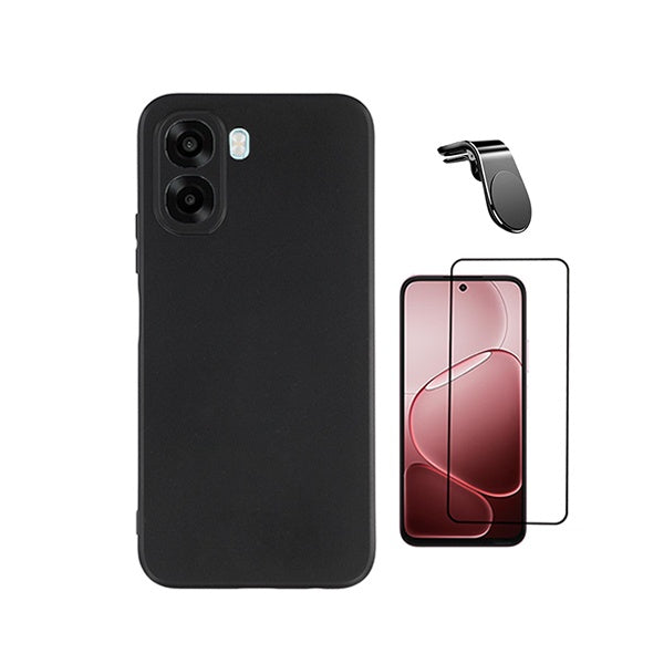 Kit Vidro Temperado + Capa Silicone Líquido + Suporte L PHONECARE Para Oppo A6x - Preto