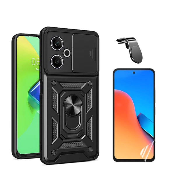 Kit Película Hydrogel Full Cover Frente + Capa Magnetic Military Defender Slide Window + Suporte Magnético L Safe Driving Carro para Xiaomi Redmi 13 - Preto