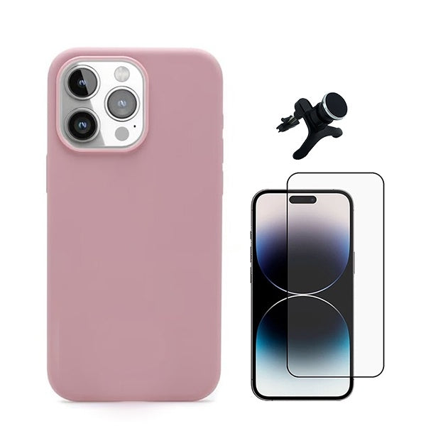 Kit Vidro Premium Full Cover + Capa Silicone Líquido + Suporte Magnético de Carro Reforçado para Apple iPhone 16 Pro Max - Rosa