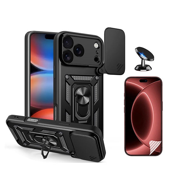 Kit Película Hydrogel Frente + Capa Magnetic Slide Window + Suporte Magnético PHONECARE Para Apple iPhone 18 Pro - Preto