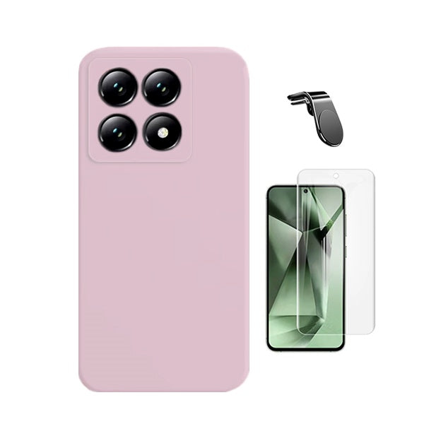 Kit Película Hydrogel Frente + Capa Silicone Líquido + Suporte L Para Xiaomi 14T - Rosa