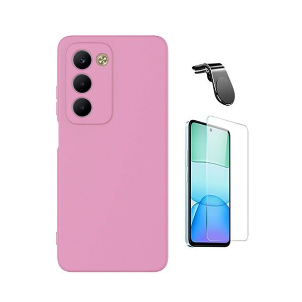 Kit Vidro Clearglass + Capa Silicone Líquido + Suporte L PHONECARE Para Xiaomi Redmi 15 5G - Rosa