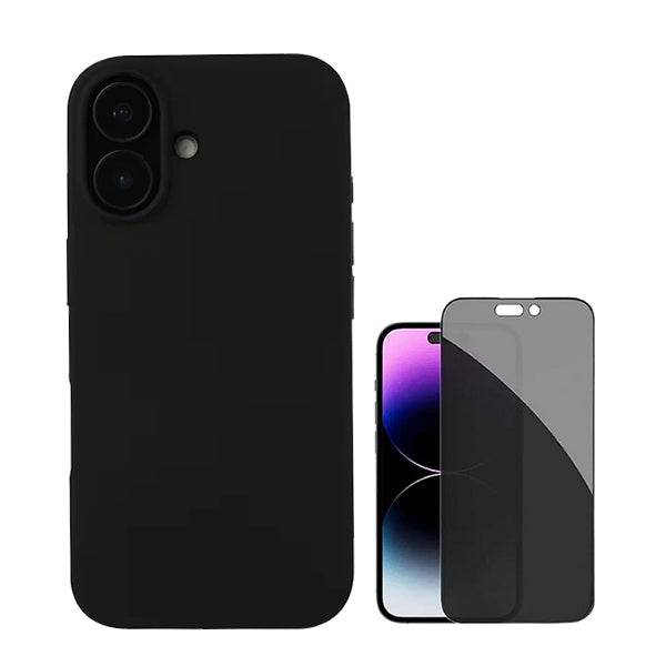 Kit Película de Vidro 5d Anti-Spy + Capa Silicone Líquido para Apple iPhone 16 - Preto