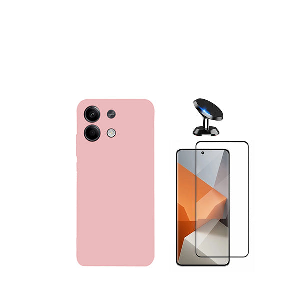 Kit Vidro Premium Full Cover + Capa Silicone Líquido + Suporte Magnético de Carro para Xiaomi Redmi Note 13 - Rosa