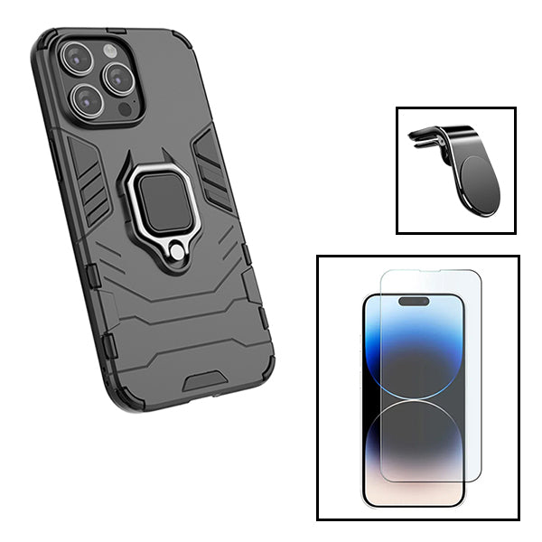 Kit Vidro Clearglass + Capa 3X1 Military Defender + Suporte Magnético L Safe Driving Carro para Apple iPhone 15 Plus - Preto