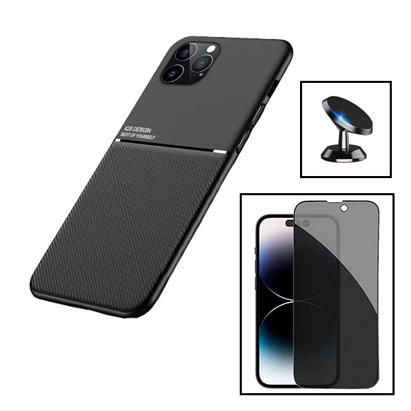 Kit Capa Magnetic Lux + Anti-Spy 5D Full Cover + Suporte Magnético de Carro para Apple iPhone 15 Plus - Preto