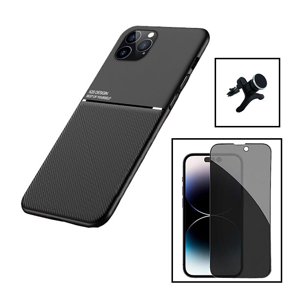 Kit Capa Magnetic Lux + Anti-Spy 5D Full Cover + Suporte Magnético de Carro Reforçado para Apple iPhone 15 Pro - Preto