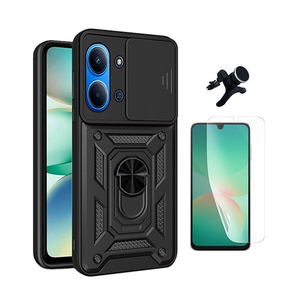 Kit Película Hydrogel Frente + Capa Magnetic Slide Window + Suporte Magnético Reforçado  PHONECARE Para Xiaomi Poco C85 - Preto