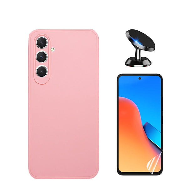 Kit Película Hydrogel Full Cover Frente + Capa Silicone Líquido + Suporte Magnético de Carro para Samsung Galaxy S23 FE - Rosa