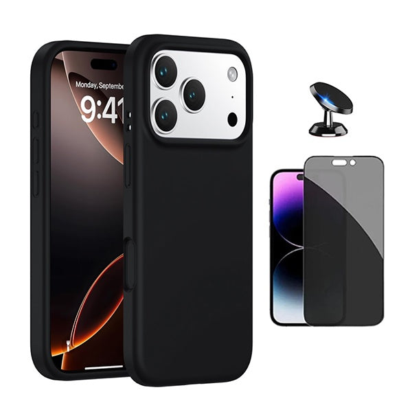 Kit Vidro Anti-Spy + Capa Silicone Líquido + Suporte Magnético PHONECARE Para Apple iPhone 17 Pro - Preto